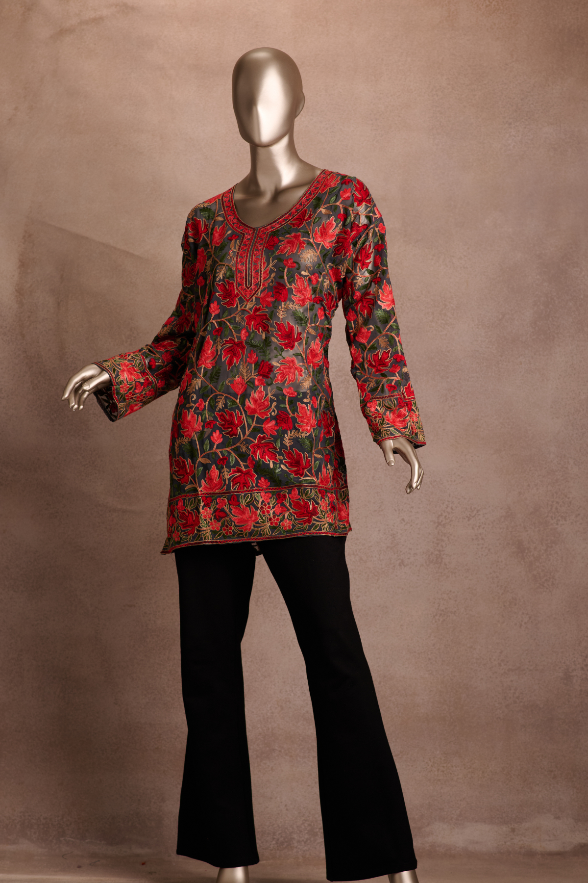 Midnight Crimson Vine Short Kurti