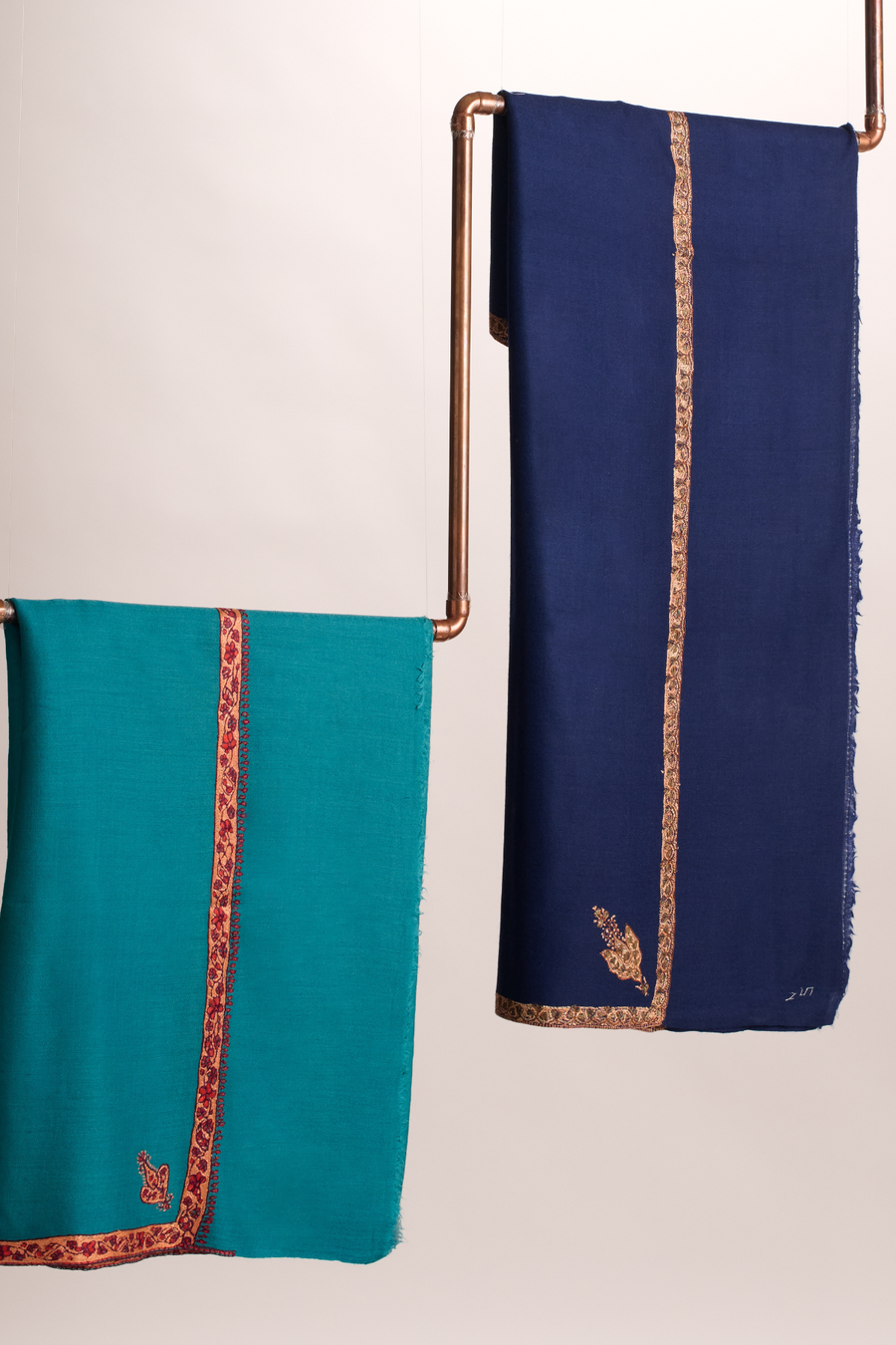 Hashi Mini - Cashmina Small Hashi Border Shawl     (L-R : Teal with Red Hashi Border; Navy Blue with Gold Hashi Border)