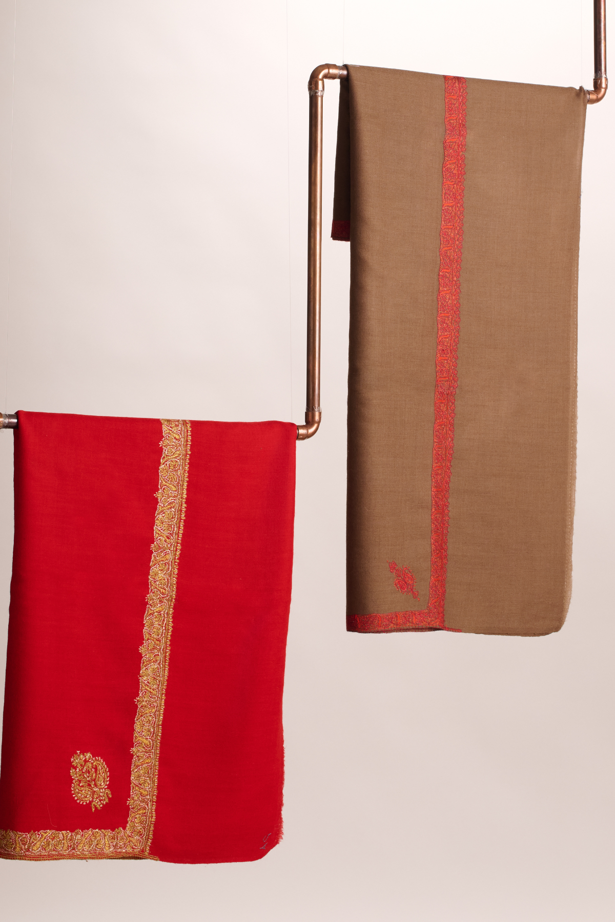 Hashi Grande - Cashmina Big Hashi Border Shawl (L-R : Red with Gold Hashi Border; Brown with Red Hashi Border)