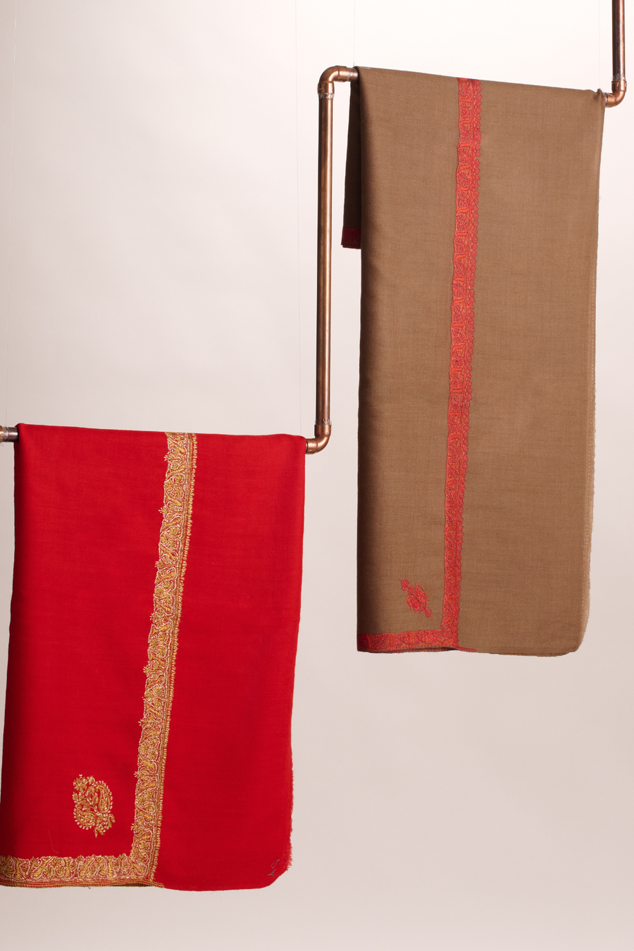 Hashi Grande - Cashmina Big Hashi Border Shawl (L-R : Red with Gold Hashi Border; Brown with Red Hashi Border)
