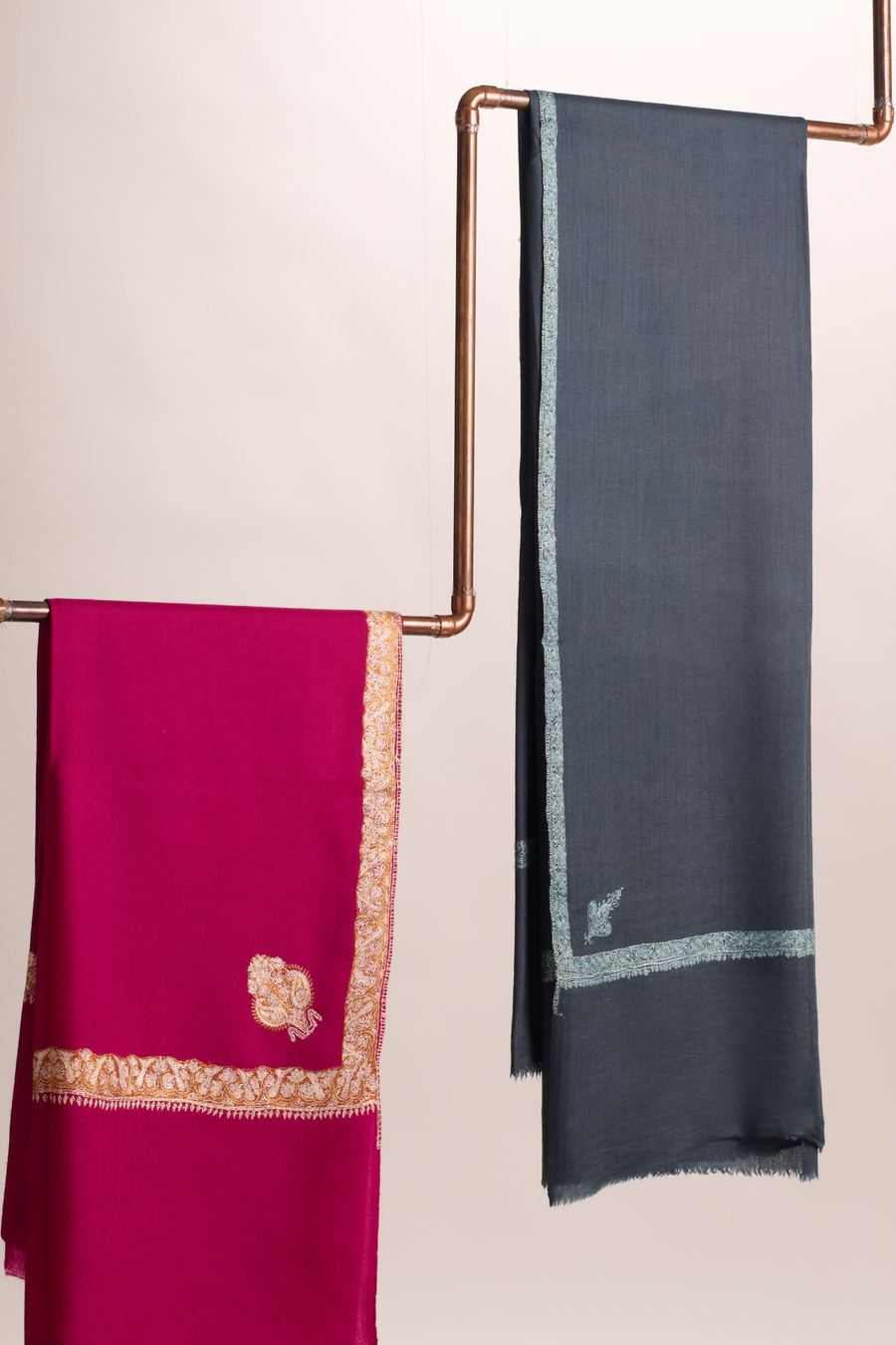 Hashi Grande - Cashmina Big Hashi Border Shawl (L -R : Rani Pink with Gold Hashi Border; Charcoal Grey with Light Blue Hashi Border)