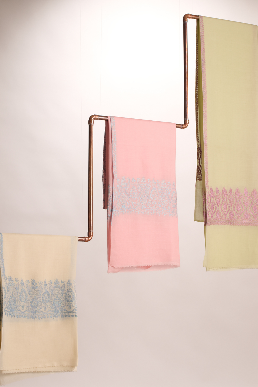Cashmina Palla - Cashmina Palla Embroidery Shawl (L - R : Cream with Blue Palla Embroidery; Pink with Blue Palla Embroidery; Chartreuse Green with Pink Palla Embroidery)