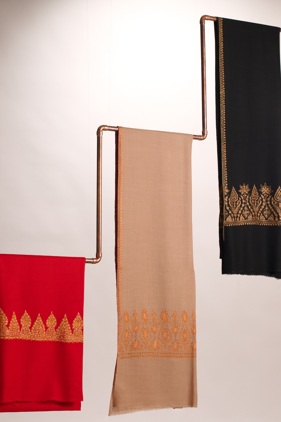 Cashmina Palla - Cashmina Palla Embroidery Shawl  (L -R : Red with Heavy Gold Palla Embroidery; Beige with Gold Palla Embroidery; Black with Heavy Gold Palla Embroidery)