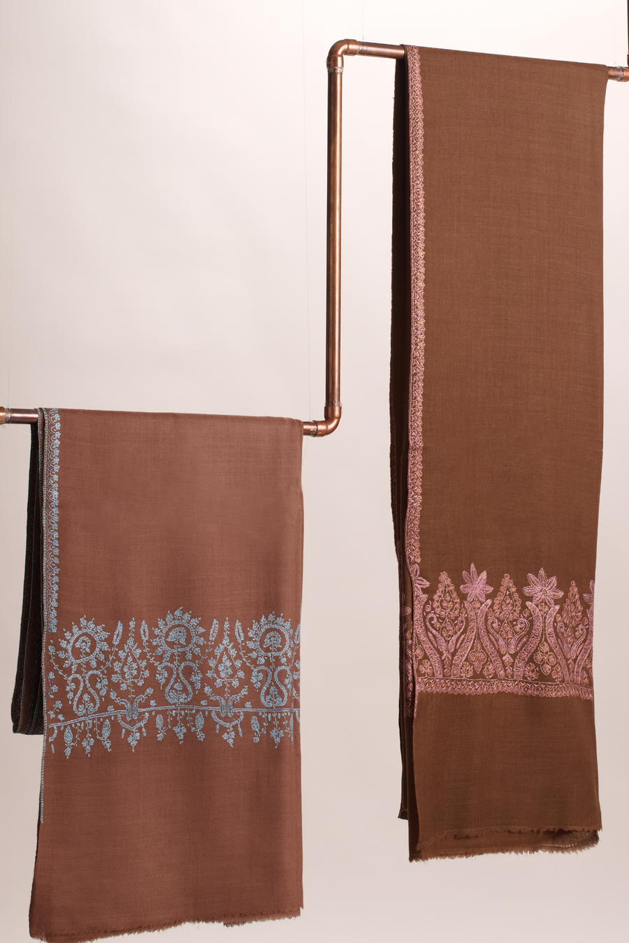 Cashmina Palla - Cashmina Palla Embroidery Shawl  (L -R : Brown with Blue Palla Embroidery; Brown with Pink Palla Embroidery)