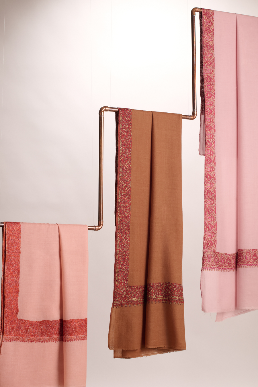Cashmina Royal - Cashmina Double Hashi Border Shawl (L -R : Peach with Red Hashi Embroidery; Brown with Red Embroidery; Light Pink with Red Hashi Embroidery)