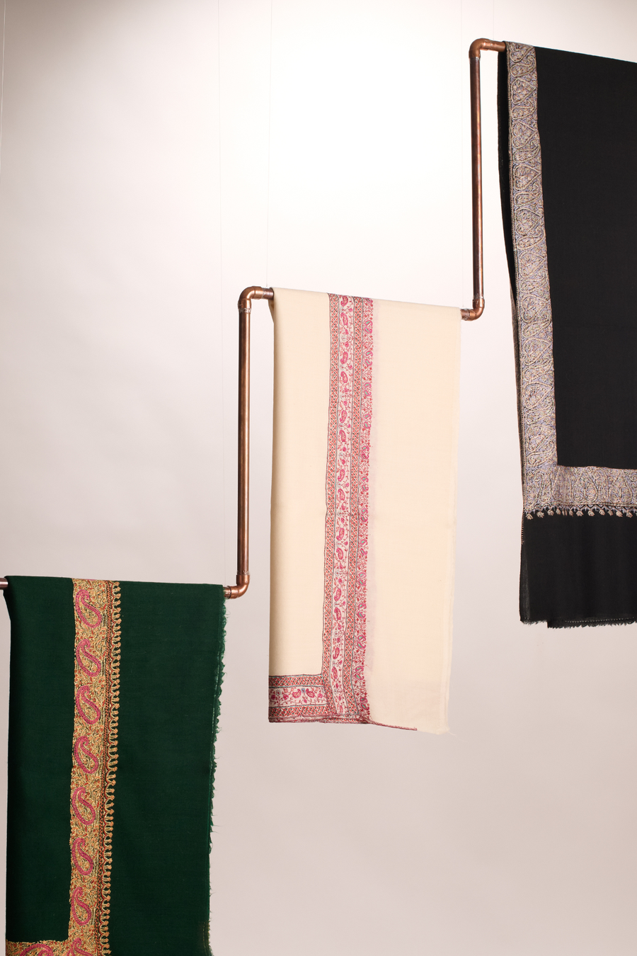 Cashmina Royal - Cashmina Double Hashi Border Shawl  (L -R : Dark Green with Gold Hashi Embroidery; Cream with Pink Hashi Embroidery; Black with Silver Hashi Embroidery)
