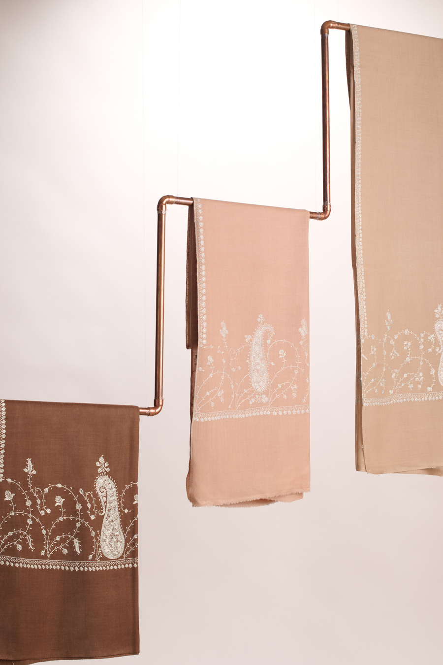 Cashmina Buti - Cashmina Palla Buti Shawl (L -R :  Dark Brown with White Palla Buti Embroidery; Peach Beige with White Palla Buti Embroidery; Light Beige with White Palla Buti Embroidery)