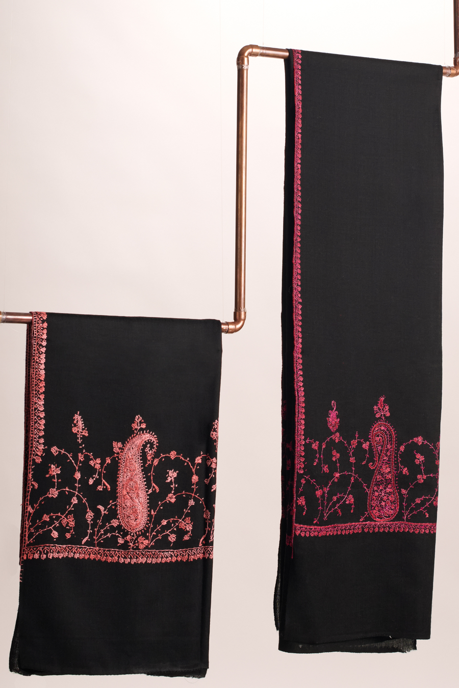 Cashmina Buti - Cashmina Palla Buti Shawl (L -R : Black with Light Pink Palla Buti Embroidery; Black with Dark Pink Palla Buti Embroidery)