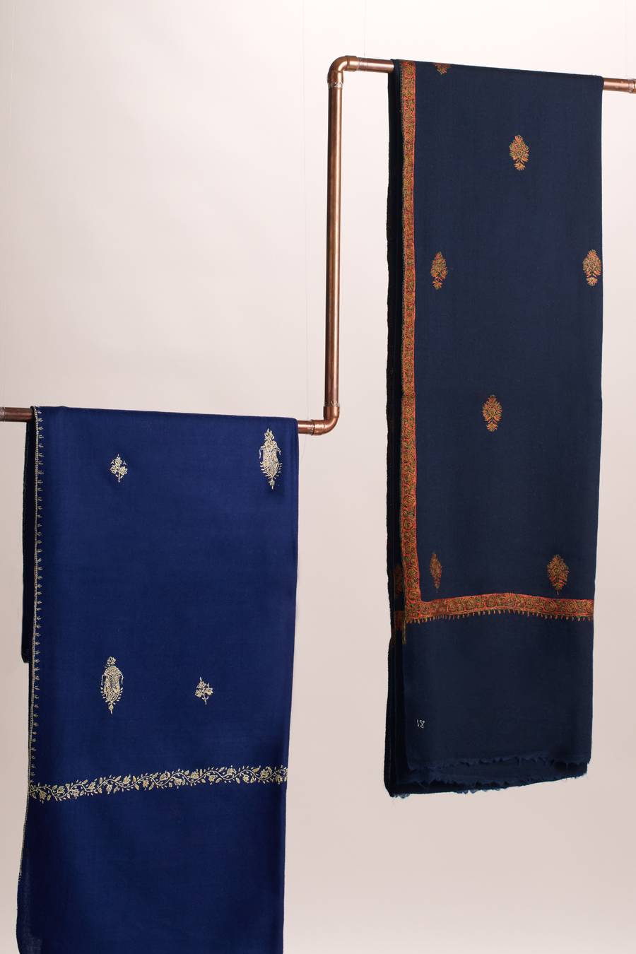 Cashmina Hashi - Cashmina Hashi Buti Shawl (L -R : Royal Blue with Gold Motif and Border; Navy Blue with Gold Motif and Border)
