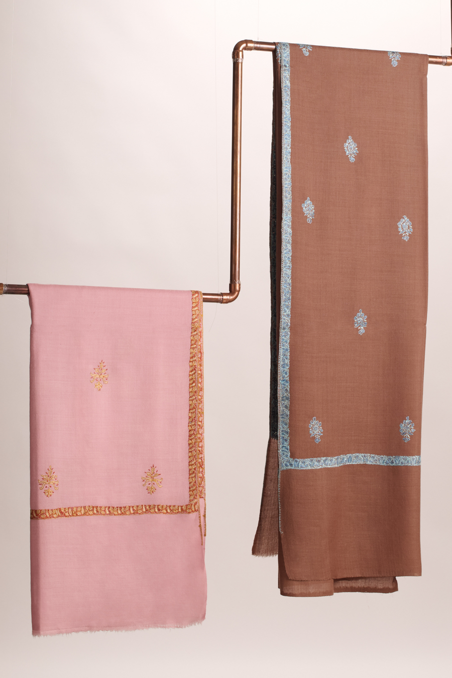 Cashmina Hashi - Cashmina Hashi Buti Shawl (L -R : Baby Pink with Gold Motif and Border; Brown with Sky Blue Motif and Border)
