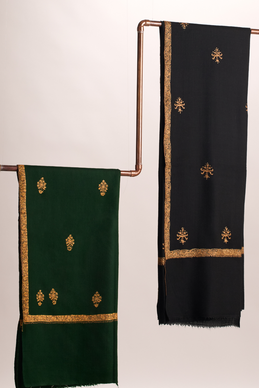 Cashmina Hashi - Cashmina Hashi Buti Shawl (L -R : Dark Green with Gold Motif and Border; Black with Gold Motif and Border)