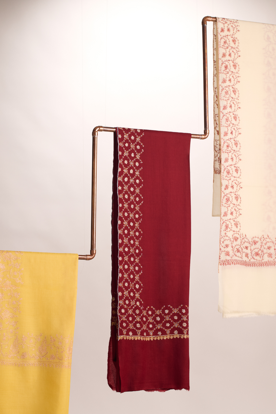 Cashmina Jali - Cashmina Jali Door Shawl (L -R : Yellow with White Embroidery; Deep Red with Gold Embroidery; Cream with Red Embroidery)