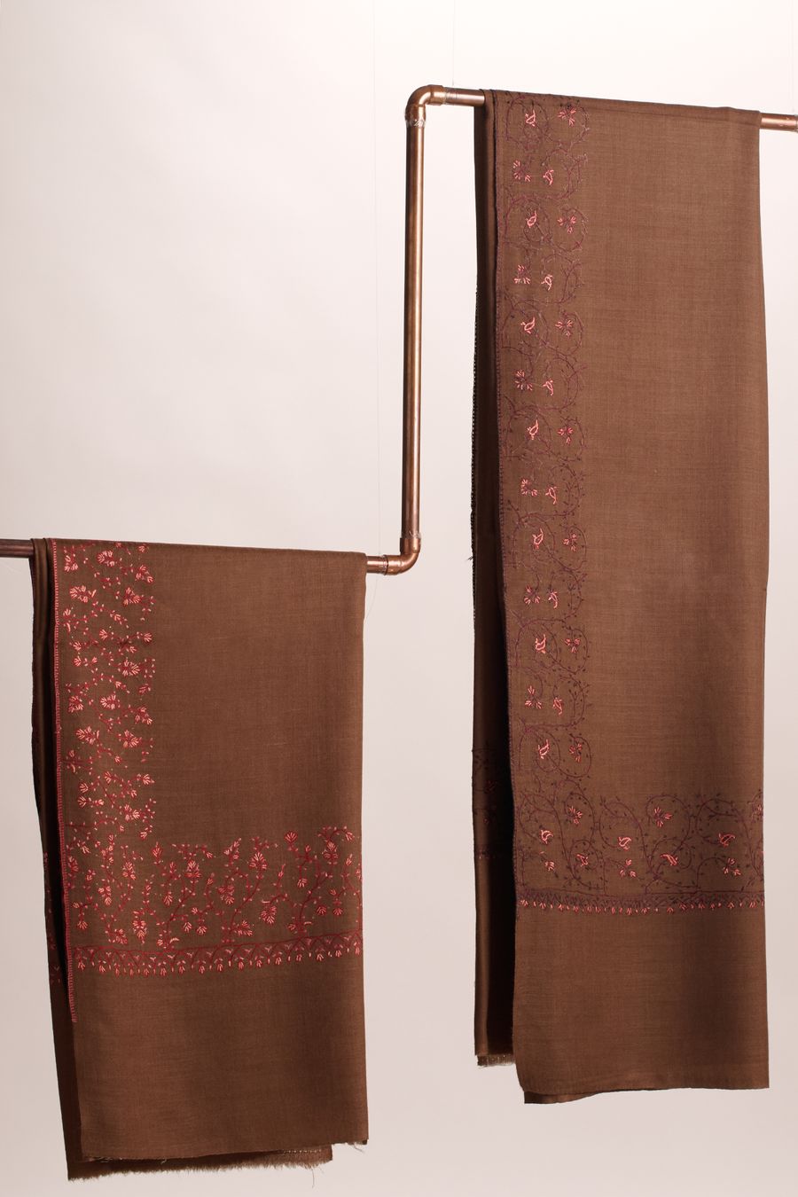 Cashmina Jali - Cashmina Jali Door Shawl (L -R : Brown with Dark Pink Heavy Embroidery; Brown with Pink and Maroon Light Embroidery)