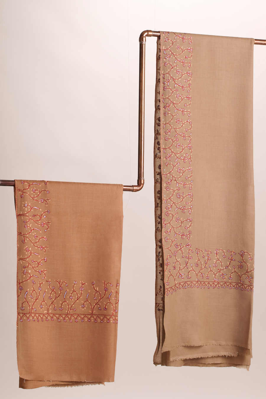 Cashmina Jali - Cashmina Jali Door Shawl (L -R : Dark Beige with Hevay Pink Embroidery; Beige with Light Pink Embroidery)