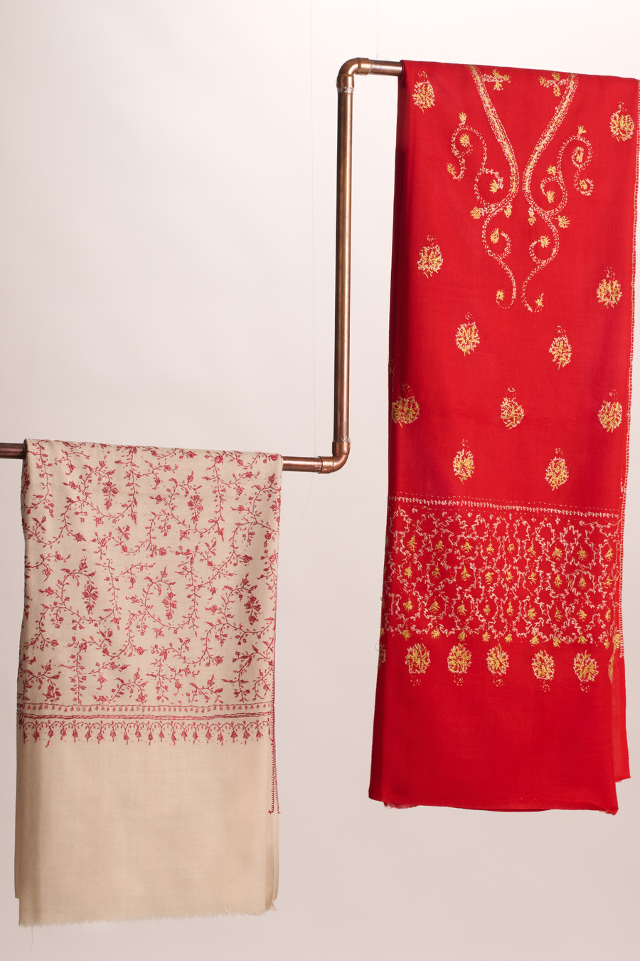 Cashmina All Over - Cashmina All Over Jali Shawl (L -R : Cream with Red Jaal Embroidery; Bright Red with Gold Embroidery)
