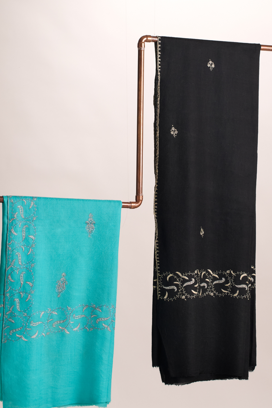 Cashmina Buti Classic - Cashmina Palla Buti Shawl (L -R : Turquoise with Silver Embroidery; Black with Silver Embroidery)