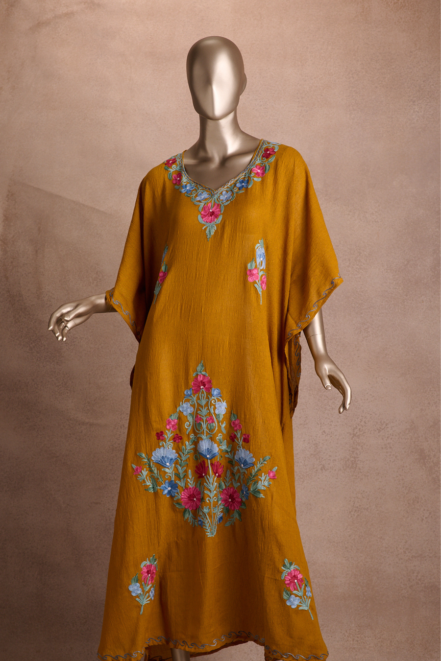 Embroidered Kaftan - Mustard Bloom (Blue Floral)