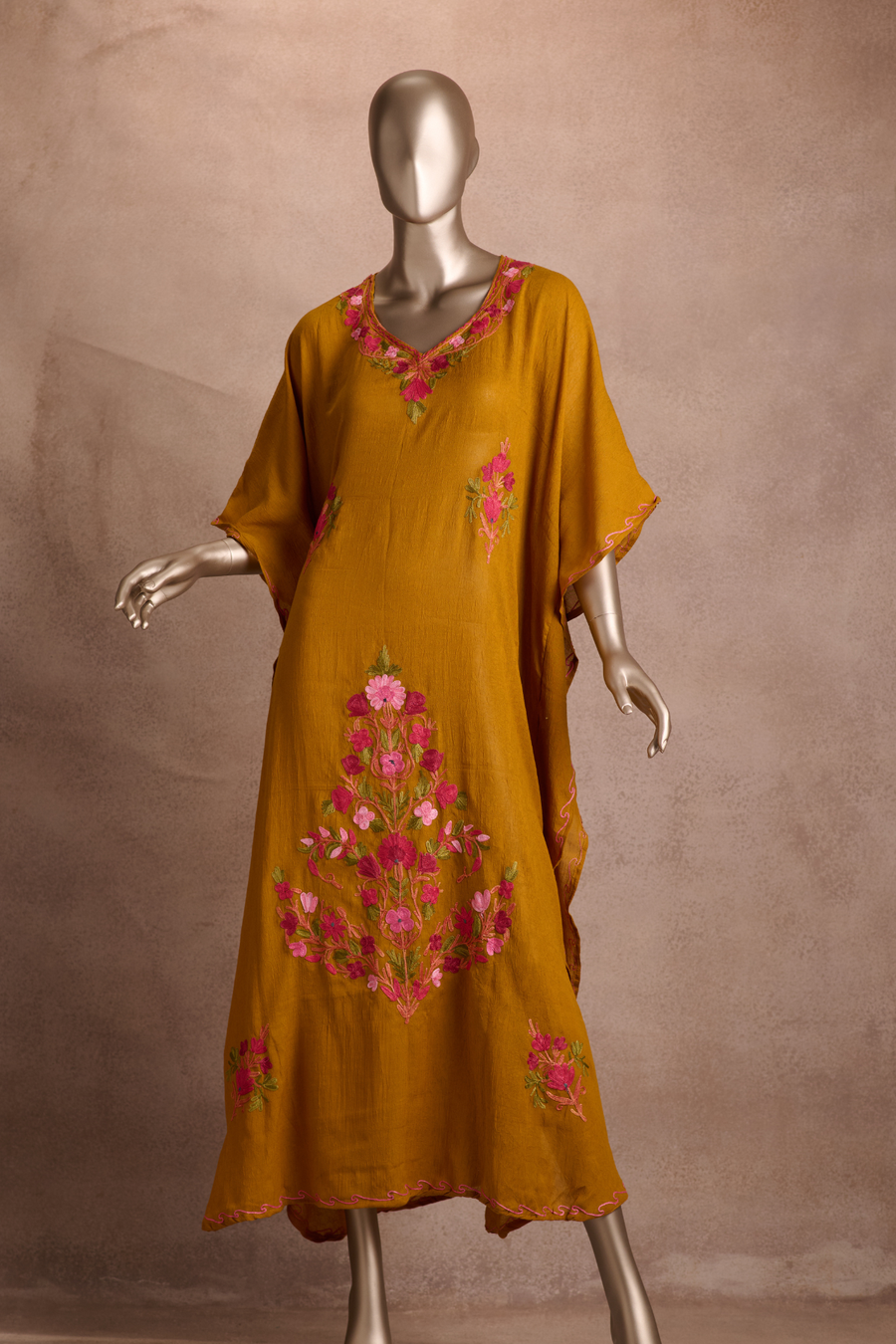Embroidered Kaftan – Mustard Bloom (Rose Floral)