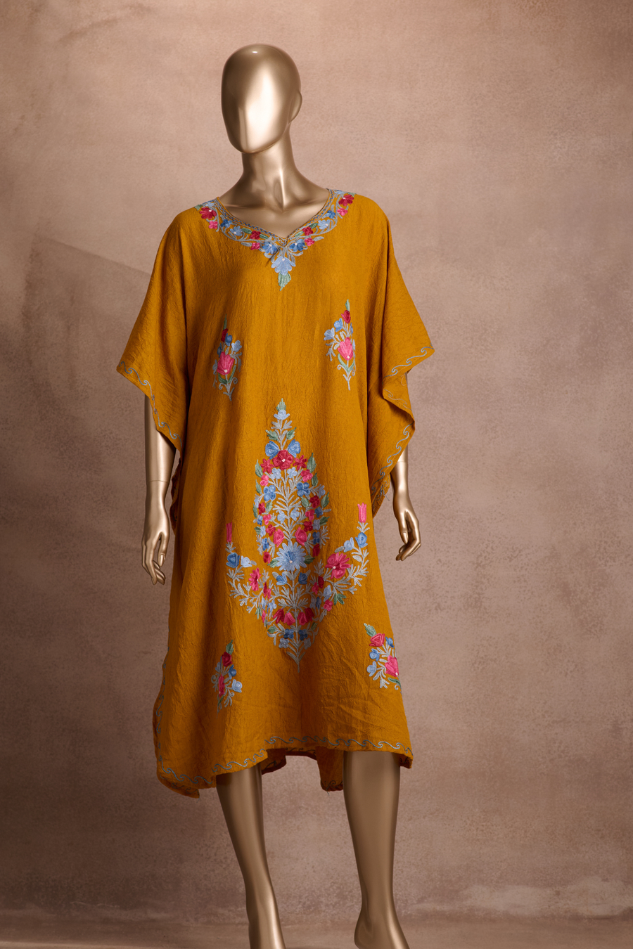 Embroidered Kaftan – Mustard Bloom (Mixed Floral)