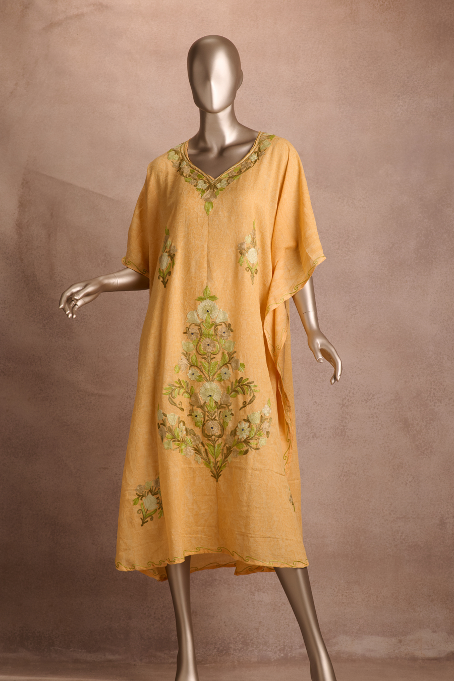 Embroidered Kaftan – Soft Mustard Meadow