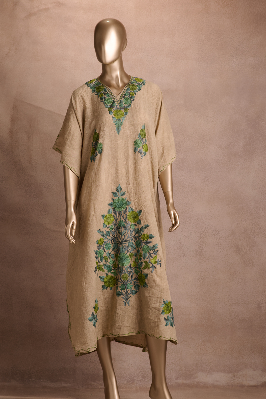 Embroidered Kaftan - Beige Mint Floral