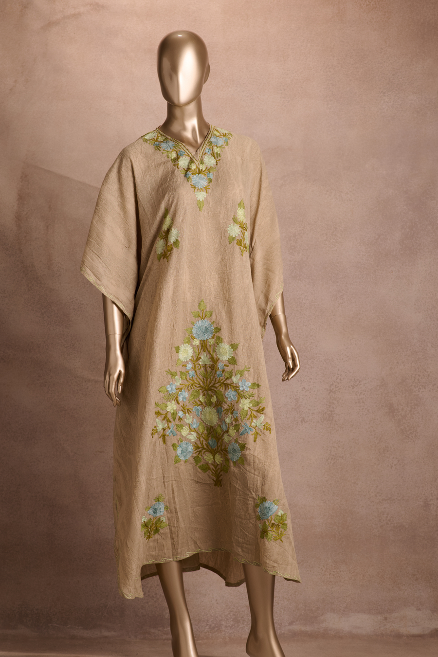 Embroidered Kaftan - Beige Aqua Floral